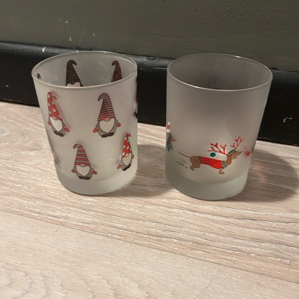Set of 2 Christmas Frosted Glass Votive Holders | Gnome & Dachshund Dog